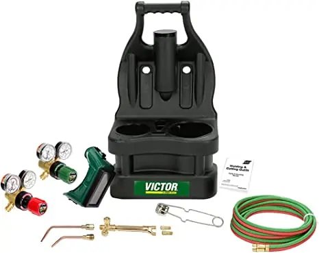 Victory Sales & Marketing 0384-0945 ESAB G150 J-P Light Duty Gas Welding Outfit Tote Kit Without Tanks, R150-200/R150-540 Gas Regulators, 103-01FP Torch Handle, Striker, 12.5' - 3/16 Hose, Goggles, Tank Key Grab Now