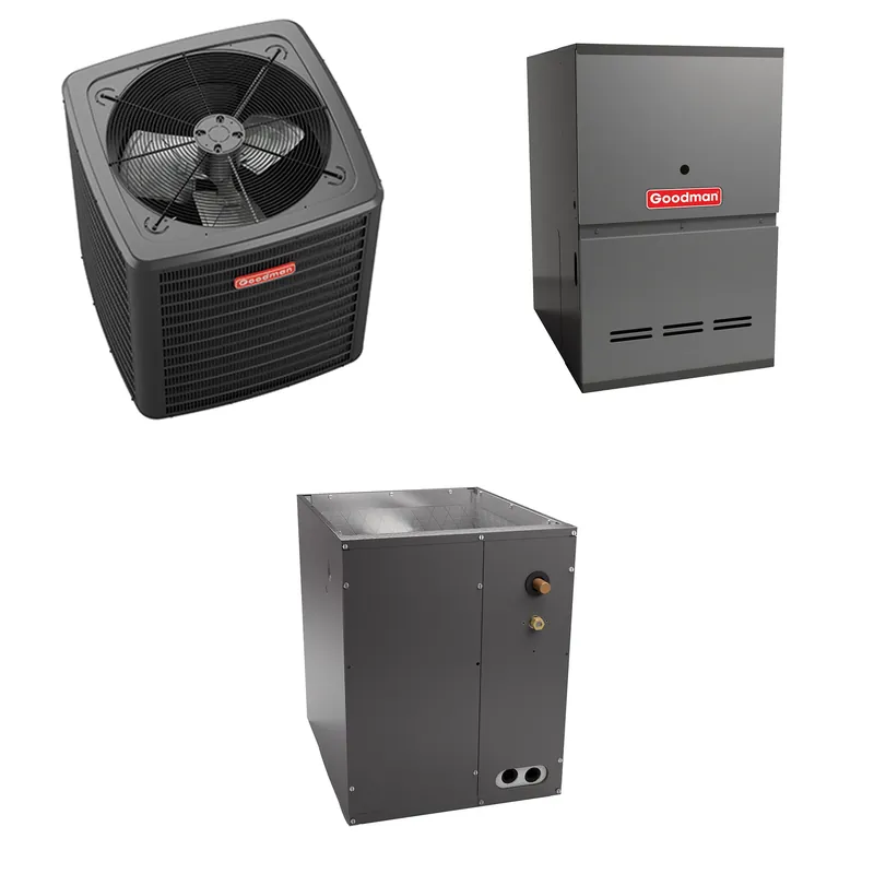 High Quality Goodman - 3.5 Ton Cooling - 80k BTU/Hr Heating - Air Conditioner + Variable Speed Furnace System - 15 SEER2 - 80% AFUE - Downflow