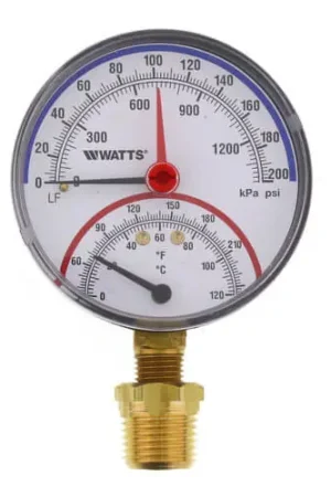 Direct From Factory Watts 0121665 LFDPTG-1 3 Bottom Entry Pressure Temperature Gauge 0-200 psi