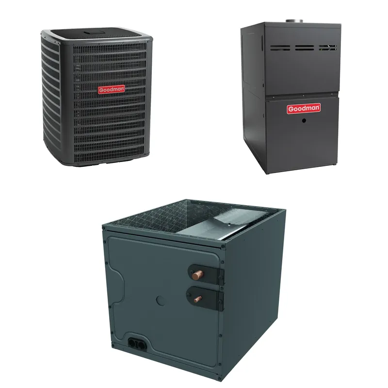Certified Goodman - 1.5 Ton Cooling - 80k BTU/Hr Heating - Air Conditioner + Variable Speed Furnace System - 15 SEER2 - 80% AFUE - Upflow