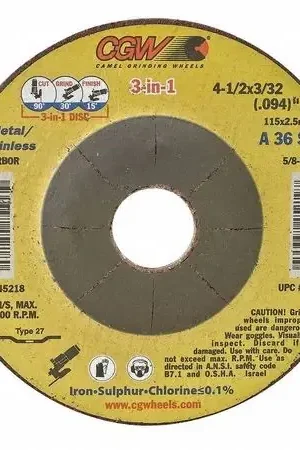 High Quality CGW 45219 Type 27 Depressed Center 4-1/2 inch x 3/32 inch x 5/8-11 A36S Cut/Grind Combo Wheel 45219