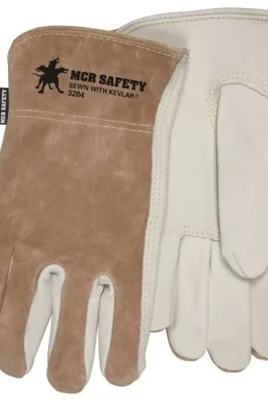 MCR Safety 3204L Premium Grade General Purpose Gloves Driver Gunn Pattern Keystone Thumb Large Grain Cowhide Leather Palm Kevlar Thread Leather Beige Open Slip-On Cuff Resists Abrasion Budget