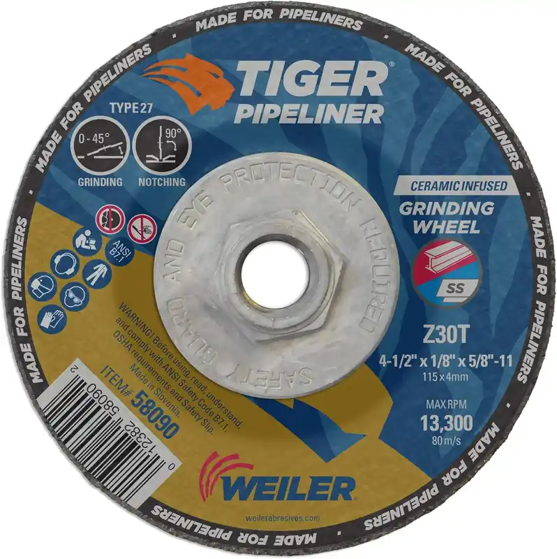 Weiler 58090 Tiger Pipeliner Grinding Wheel 4-1/2 in x 1/8 in 13300 RPM Instant Buy