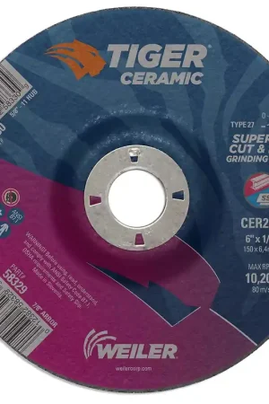 One Day Deal Weiler 58329 6 x 1/4 Tiger Ceramic Type 27 Grinding Wheel CER24R 7/8 A.H (Pack of 10)