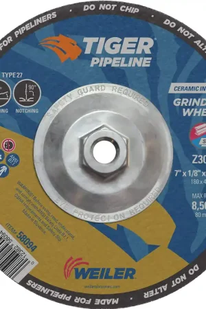 Weiler 58094 Tiger Pipeline Grinding Wheel 7 Inch x 1/8 Inch x 5/8 - 11 Nut Pack of 10 Limited Time