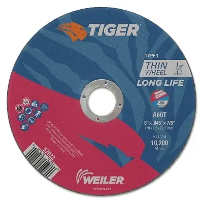 Weiler 57022 Tiger AO Cutting Wheel 6 in dia x 0.045 in Thick 7/8 in Arbor A60T Type 1 Must Have