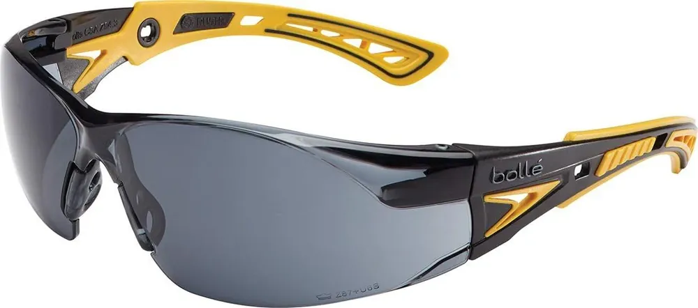 Brand New Bolle Safety 40244 Rush+ Safety Glasses Yellow & Black Frame Smoke Lenses