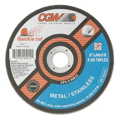 CGW Abrasives 45012 Quickie Cut Type 1 Extra Thin Cut-Off Wheel, 6 in dia, 0.040 in Thick, 7/8 in Arbor, 60 Grit Weekend Sale