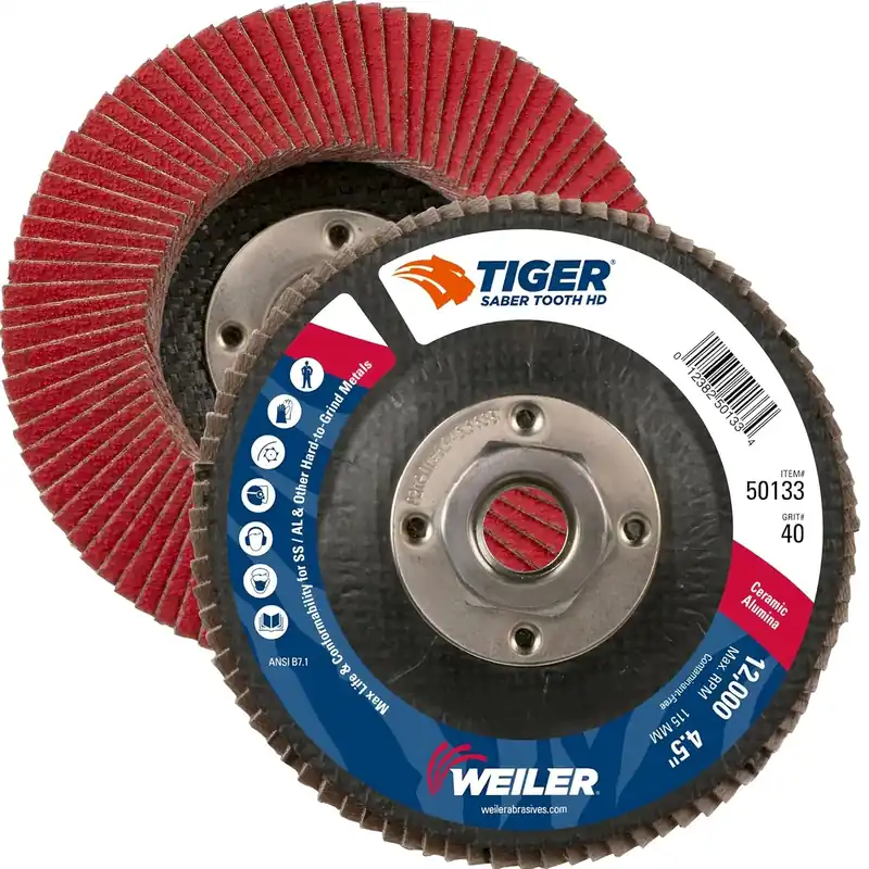 Weiler 50133 Saber Tooth 5/8-11 Arbor 4-1/2 Diameter 40 Grit Ceramic Phenolic Backing Flat High Density Abrasive Flap Disc Budget