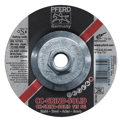 Pferd 61220 CC-Grind Solid Performance Line SG Steel Grinding Disc, Ceramic, 4-1/2 in dia, 5/8-11 in Arbor, 24 Grit Get Yours
