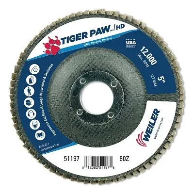 Weiler 51197 Tiger Paw Super High Density Flap Disc 80 Grit 5 Inches 7 8 Inches Arbor 12000 RPM Type 27 Flat Cheap