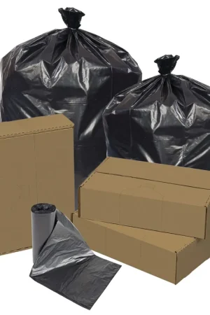 Hot Deal Pitt Plastics EC385817K EcoStrong Repro 1.7-mil Can Liners 60 Gallons Black 10 Liners Per Roll Case Of 10 Rolls