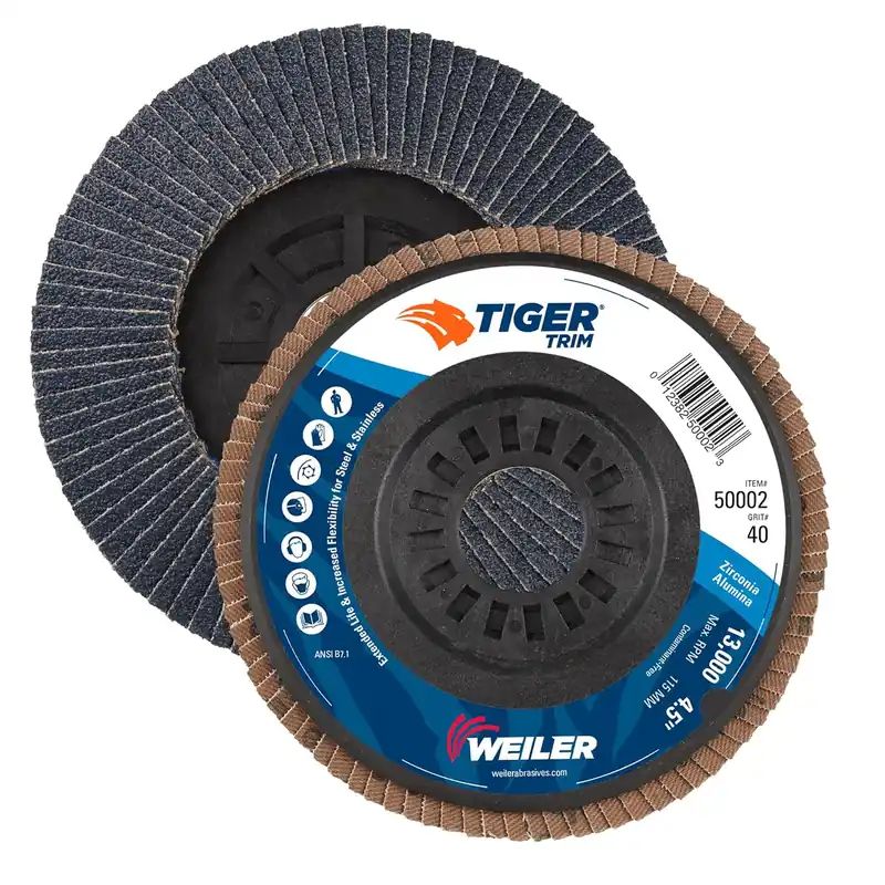 Weiler 50002 Trimmable Tiger Flap Disc 7/8 Arbor 4.5 Diameter 40 Grit Angled Abrasive Authentic