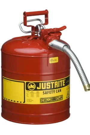 Cheap Justrite 7250130 5 gallon Red AccuFlow Galvanized Steel Type II Vented Safety Can With Stainless Steel Flame Arrester and 1 inch Metal Hose