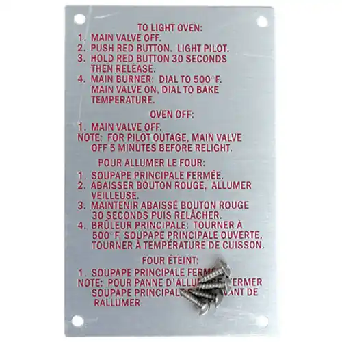 INSTRUCTION PLATE for Blodgett BL20326 Hot Deal