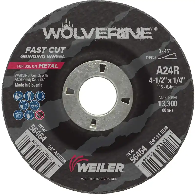 Weiler 56464 Wolverine Type 27 Grinding Wheel A24R 4.5 inches x 1/4 inch 7/8 inch A.H. Save Now
