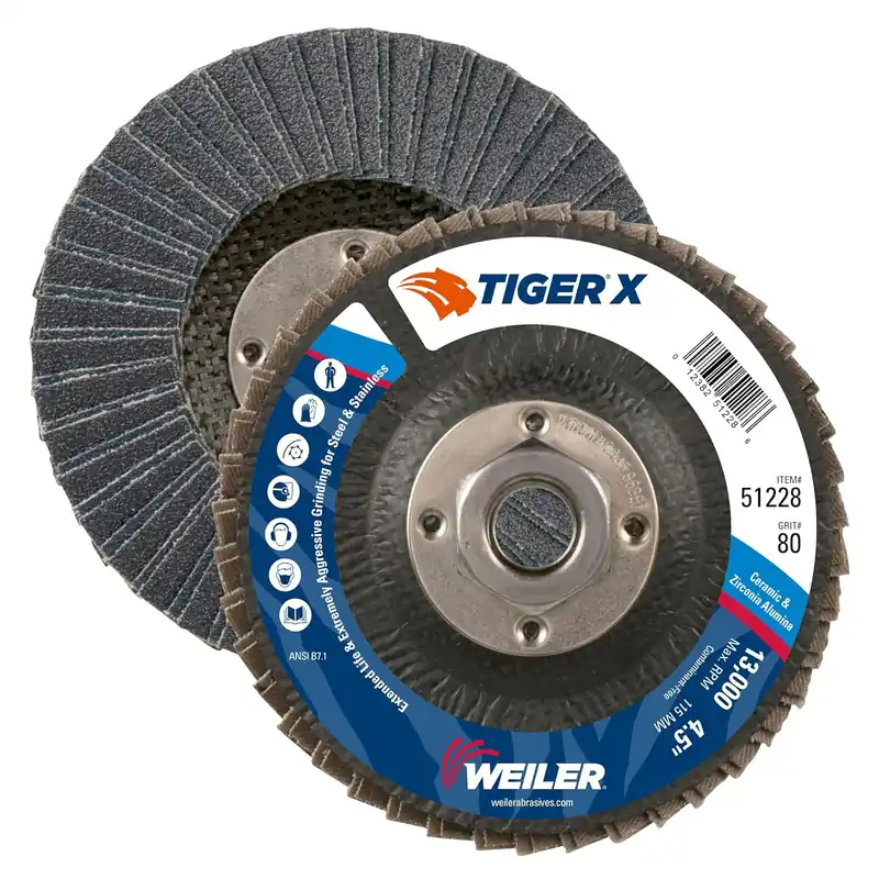Buy Online Weiler 51228 Tiger X Flap Disc Ceramic and Zirconia Alumina Flat Phenolic Backing 80 Grit 4.5 Inches 5/8-11 Arbor Hole Pack of 10