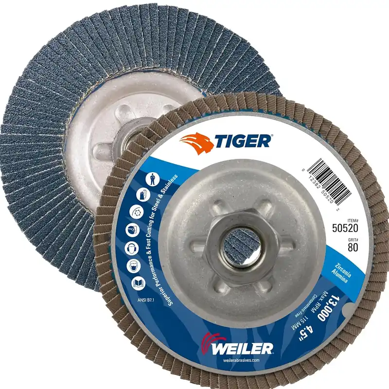 One Day Deal Weiler 50520 Tiger Abrasive Flap Disc Type 29 Threaded Hole Aluminum Backing Zirconia Alumina 4-1/2 Inch Diameter 80 Grit