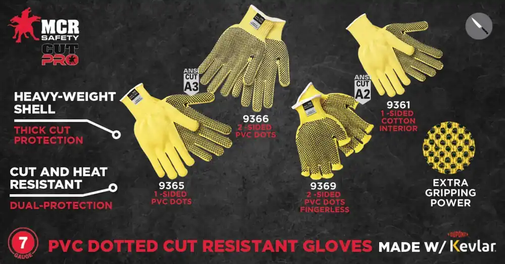 MCR Safety 9369L 9369 Regular Weight Gloves L 2-Sided PVC Dots Coating 7 ga Cotton/Kevlar/Polyester Knit Wrist Cuff Resists Abrasion and Cut ANSI Cut-Resistance Level A3 Paired Hand Clearance