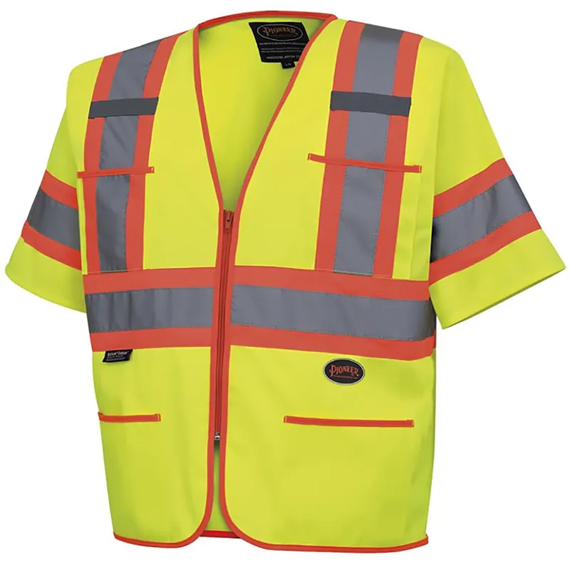Pioneer V1023560U-L High Visibility Tricot Sleeved Safety Vest Reflective Tape 4 Pockets Yellow Green Unisex Large Reduced Price